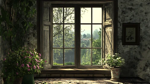 Sunlit cottage window cradling quiet garden daydreams.