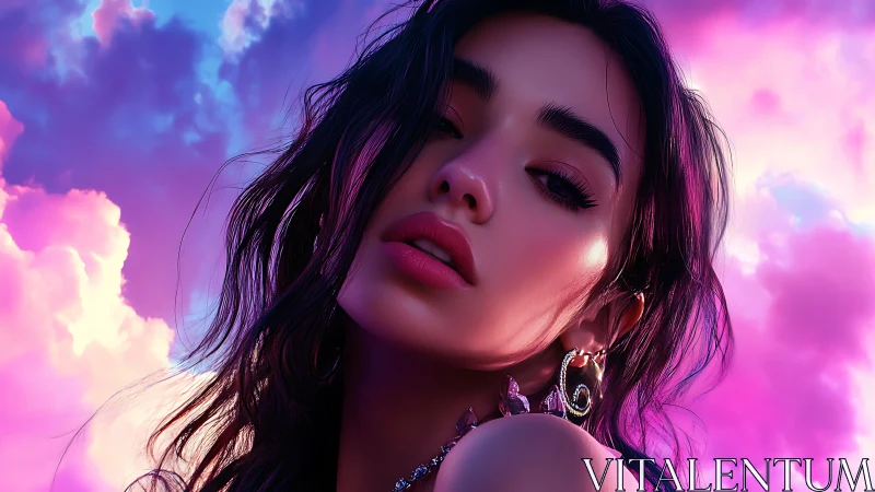 Hyperreal portrait of woman against neon magenta cyan sky