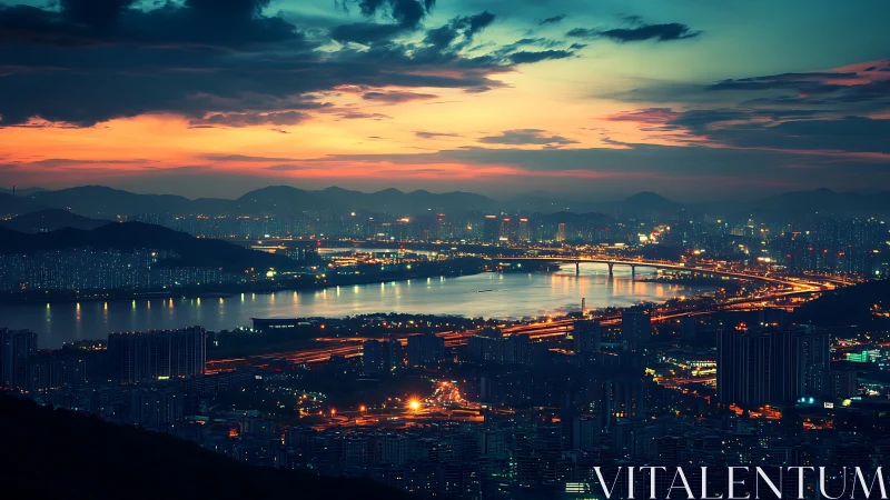 High-rise riverfront metropolis at dusk with illuminated bridge