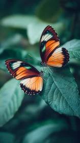Paired orange butterflies on green foliage in close focus.