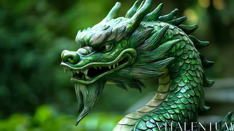 Emerald dragon bust shows scaley surface detailing and shallow depth of field