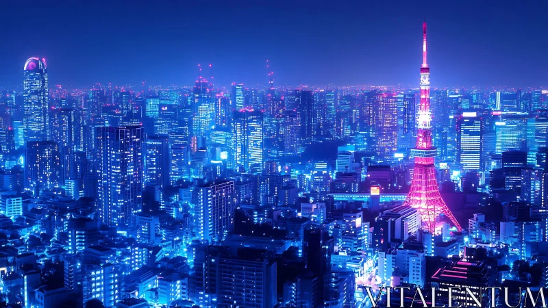 Neon lit Tokyo tower stands over dense high rise cityscape