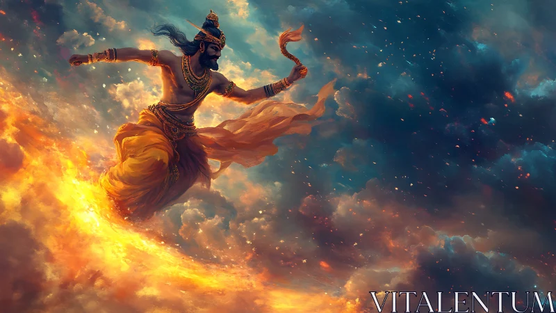 Fire dancer across stormlit sky of myth and wonder.