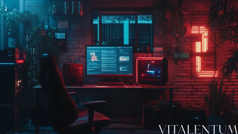 Dual-monitor coding workstation in neon lit gaming room.