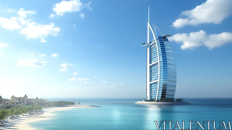 Iconic sail-form offshore tower in clear coastal daylight