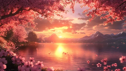Cherry blossoms frame a reflective mountain lake sunset view