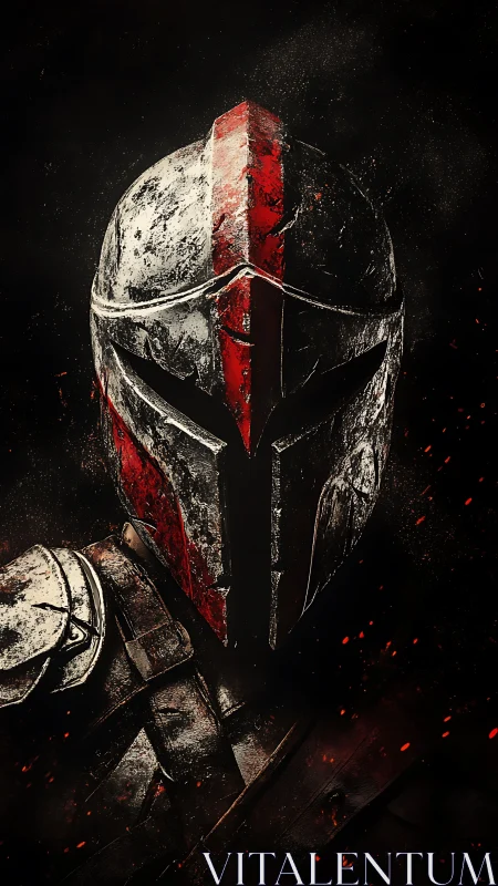 Battle-scarred warrior helm bears bold red central stripe.