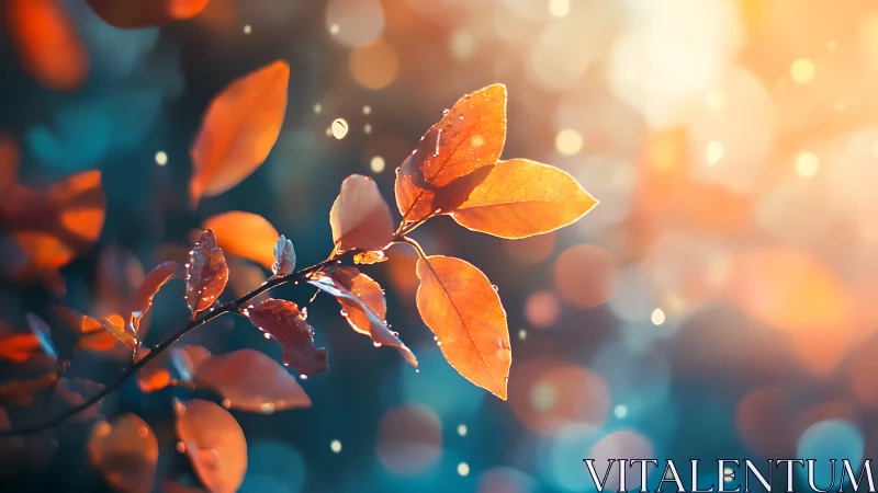 Backlit autumn leaves with luminous bokeh and dewdrops.