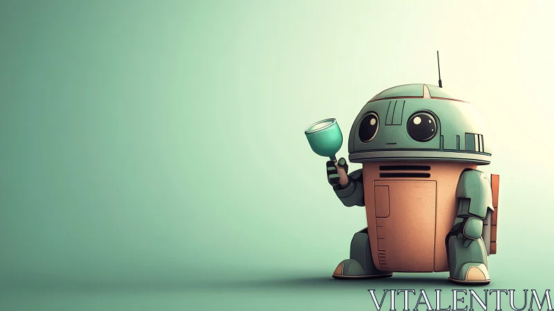 Cute teal service robot holding cup on mint backdrop.
