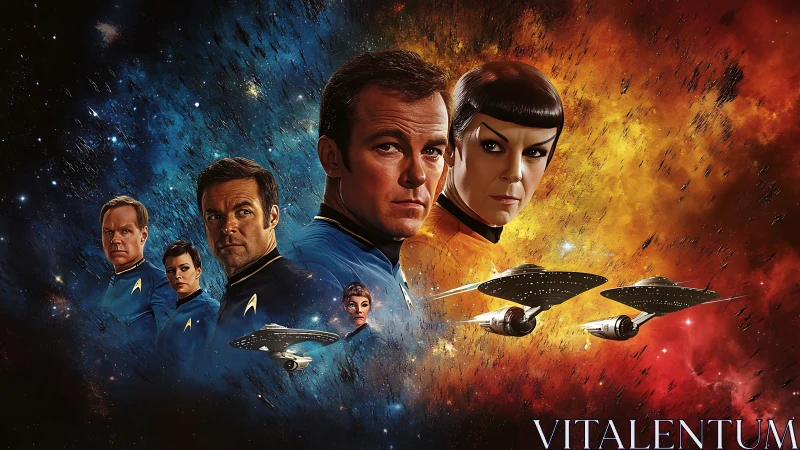 Starfleet officers and starships positioned in divided nebula