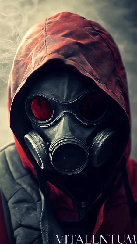 Hooded wanderer in a gas mask amid dreamy urban haze.