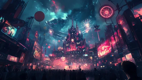 Neon-saturated cyberpunk plaza under fireworks and aerial traffic