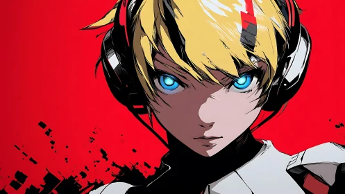 Headphoned figure with blue eyes faces viewer on red field