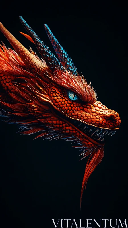 Fiery dragon profile glows against deep, shadowed darkness.