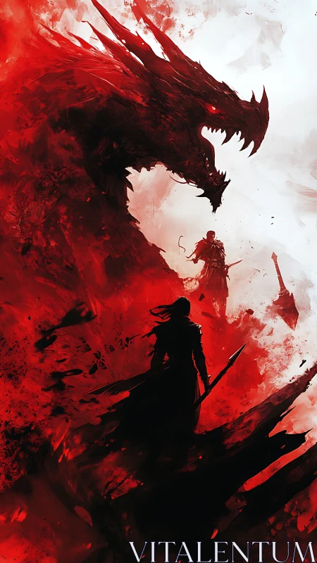 Crimson dragon silhouette confronting lone spear warrior.