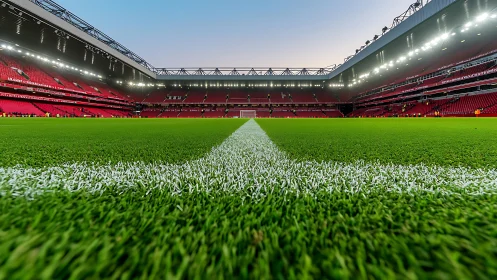 Football stadium pitch with central white line at dusk.