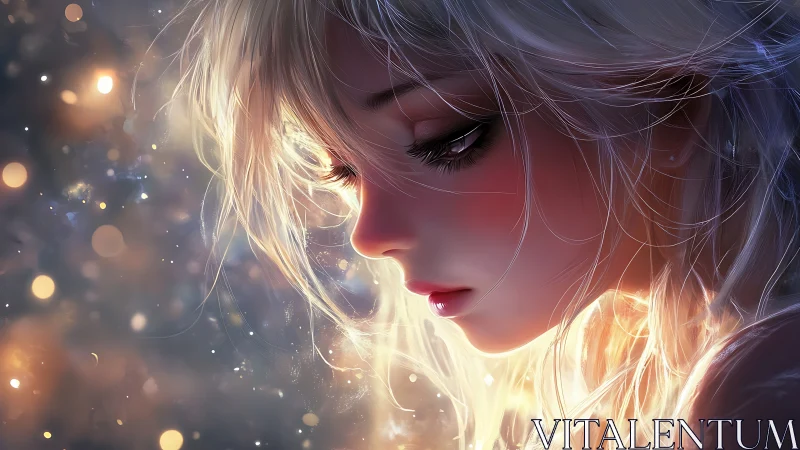 Softly lit anime girl in close-up side profile portrait.