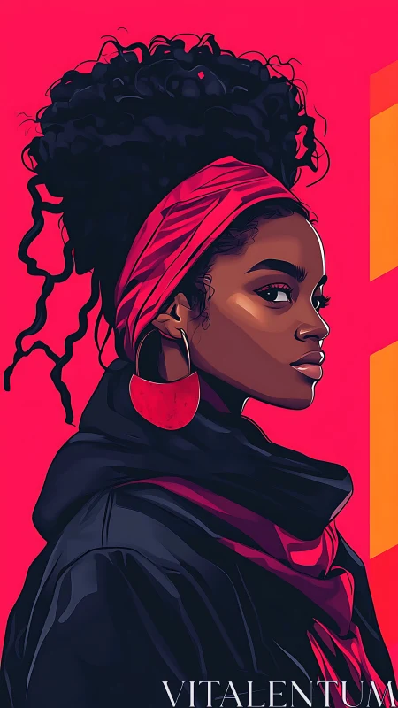 Side profile illustration of woman in headwrap and scarf.