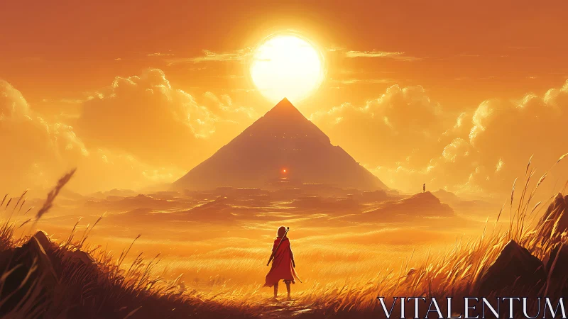 Golden hour digital painting of lone wanderer and pyramid.