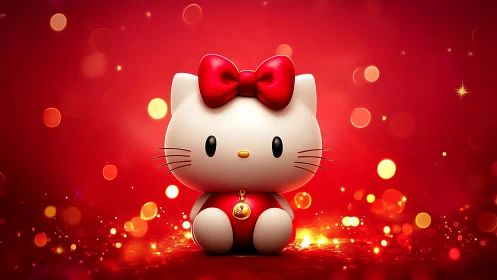 Red background cartoon cat figure with festive bokeh lights.