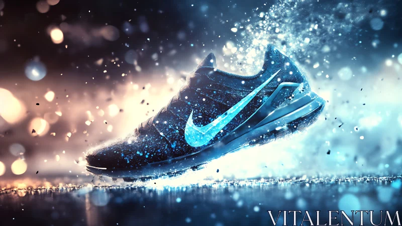 Dynamic blue running shoe in motion with energy burst.