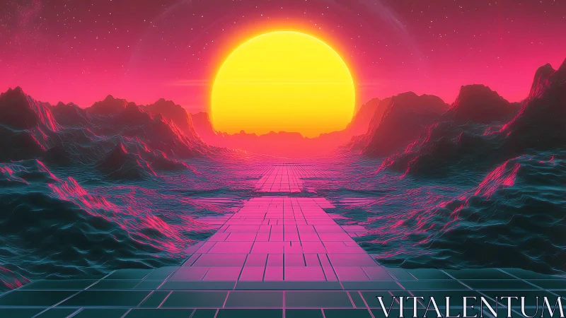 Neon sun ignites a retrofuturistic cyber valley horizon.