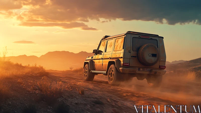 Dust-covered SUV traverses unpaved track at low sunset light