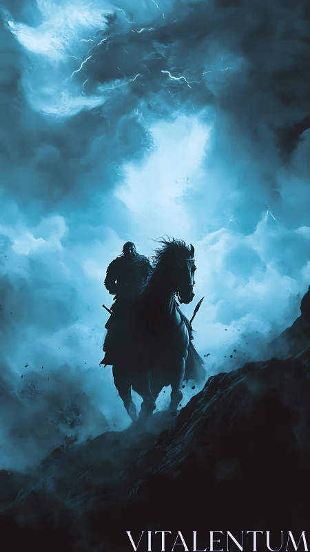 Armored rider on horseback framed by storm clouds.