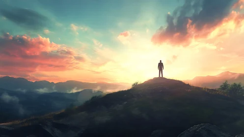 Solitary figure crowns luminous ridge at blazing sunrise.
