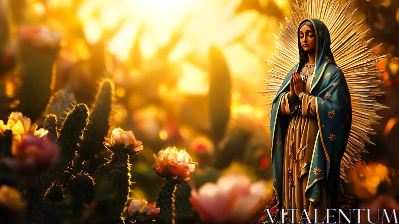 Sunlit Marian statue amid blooming cacti in golden bokeh field