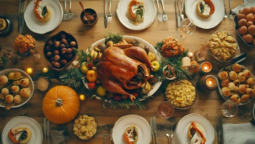 Roasted holiday turkey anchors abundant autumn feast spread.