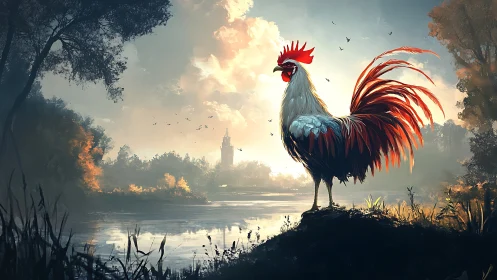 Majestic Rooster Stands Guard Over Mystical Woodland Lake.