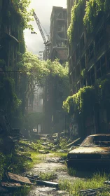 Overgrown post-apocalyptic street corridor with decayed vehicles and cranes