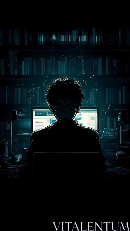 Backlit programmer silhouette studies dual monitors in dark library