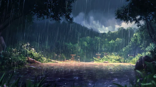 Torrential summer rain over forest clearing and reflective pond