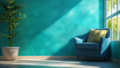 Sunlit teal reading nook with blue armchair and potted palm