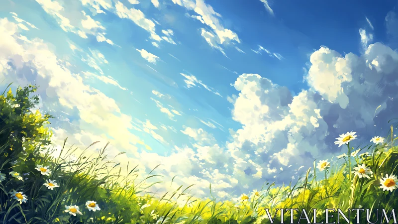 Digital painting of summer meadow under expansive cloud sky.
