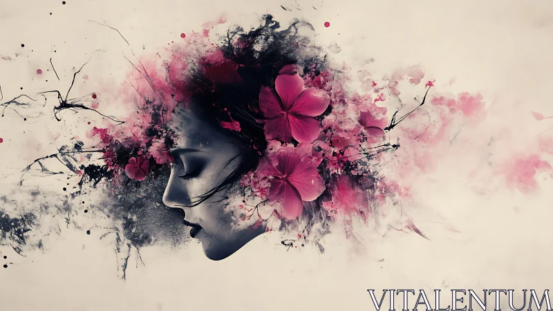 Profile portrait merged with abstract pink floral ink art.