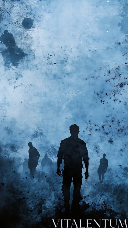 Silhouetted figures advance through dense blue atmospheric fog.