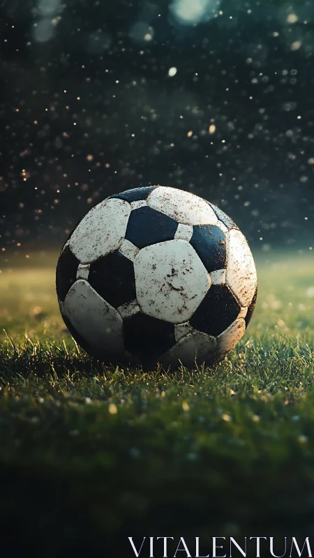 Weathered soccer ball rests on wet grass in shallow focus