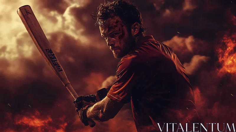 Bloodstained baseball player holding bat in fiery atmosphere.