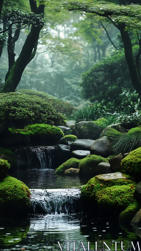 Layered mossy cascade flows through dense, misted forest ravine