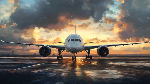 Sunrise runway moment with a quiet, waiting jetliner.