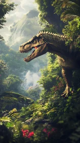 Tyrannosaurus rex stalks lush misty Jurassic rainforest.