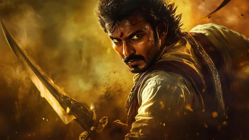 Battle-scarred warrior pivots through molten gold fury.