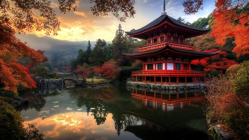 Autumn temple pavilion mirrored on tranquil mountain lake.