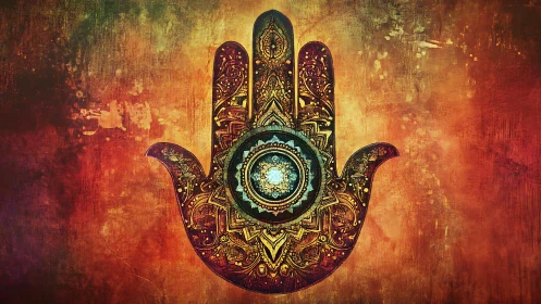 Ornate stylized hamsa hand with central mandala motif.