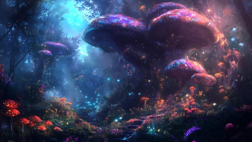 Bioluminescent mushrooms compose a glowing forest skyway dream