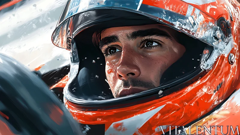 Racing driver’s intense gaze captured inside red helmet.
