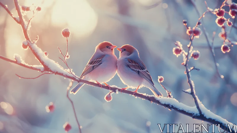 Two birds perched on frost-laden branch with bokeh background.